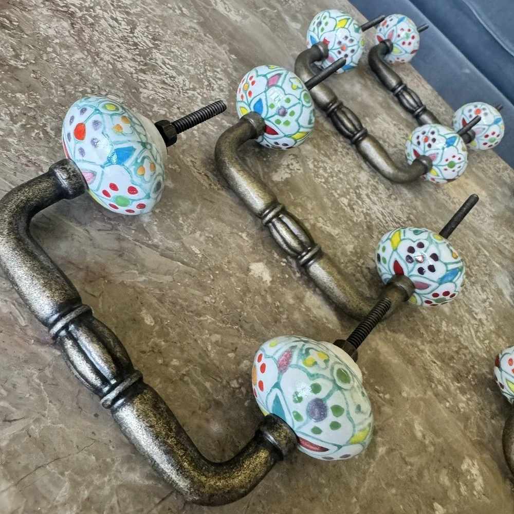 Lot 8 Hand Painted Ceramic & Brass Boho Colorful Cabinet / Drawer /Dresser Pulls